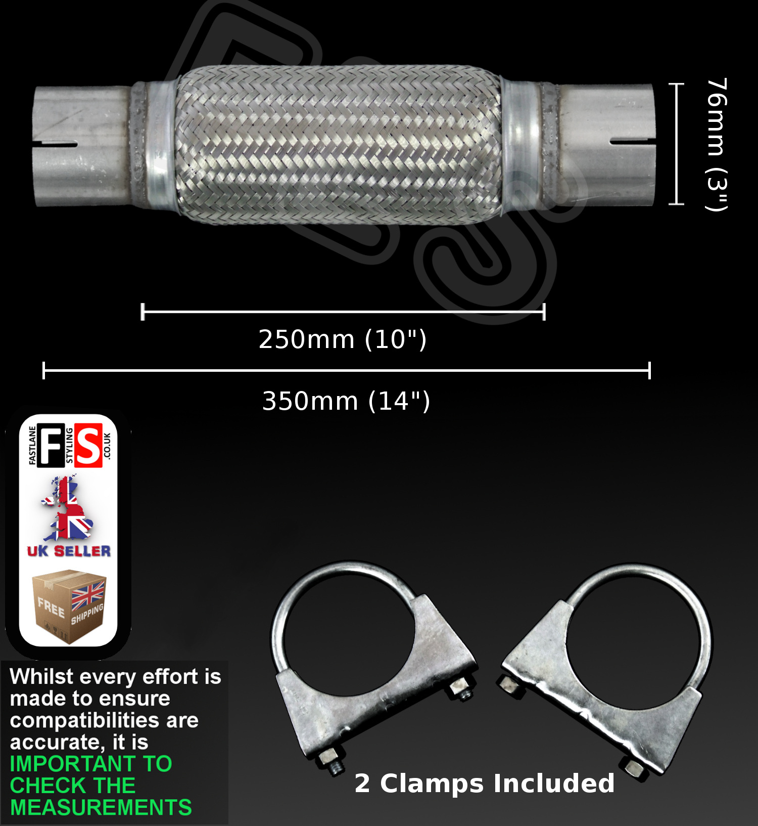 3" x 14" Inch Stainless Steel Exhaust Flexi Pipe Repair Kit 76mm x