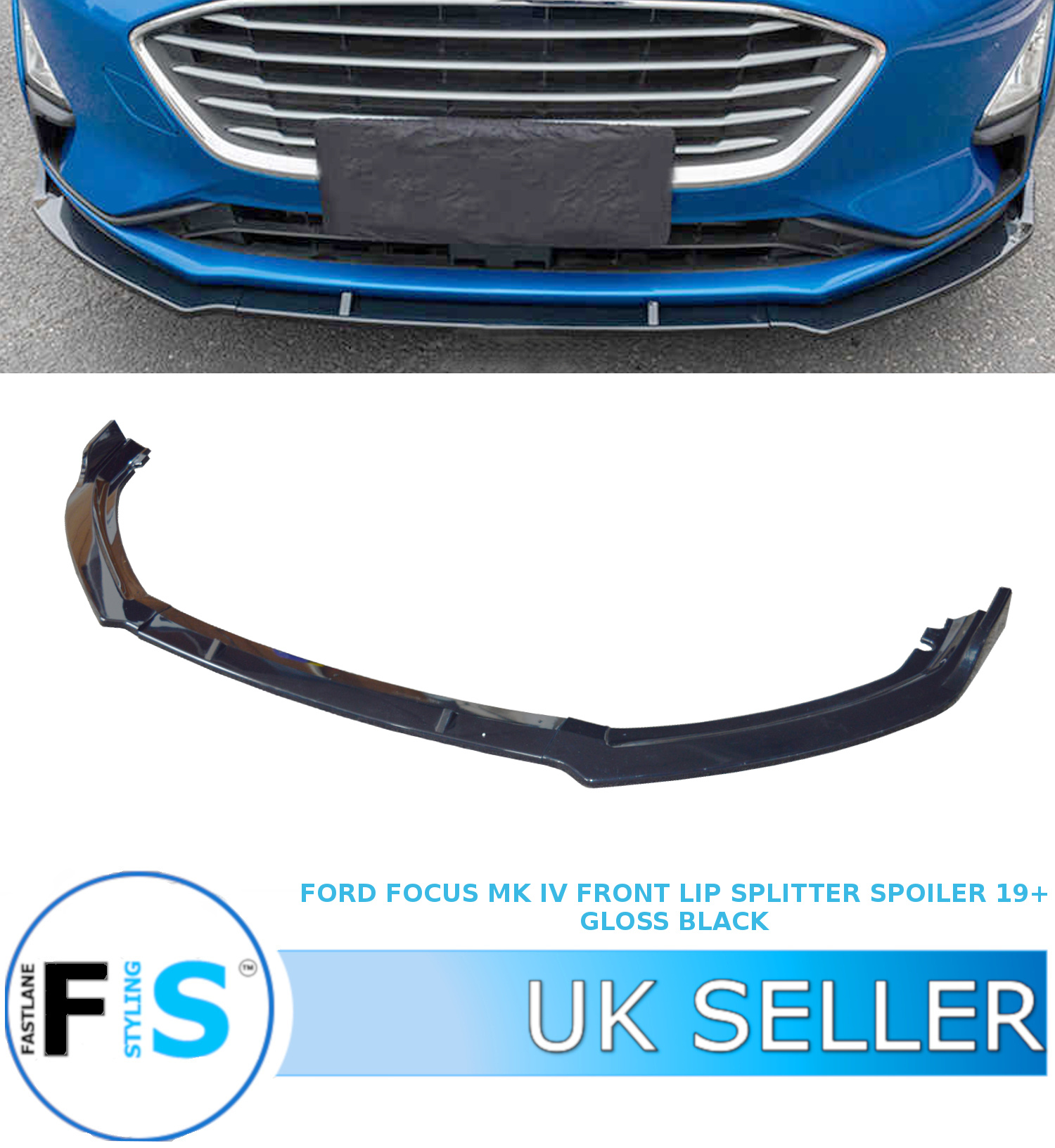 FORD FOCUS MK4 FRONT BUMPER LIP SPLITTER SPOILER 2019+ GLOSS BLACK OEM