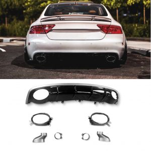 REAR DIFFUSER GLOSS BLACK & BLACK TAILPIPES RS7 STYLE FOR AUDI A7 2016-2018