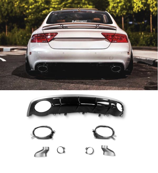REAR DIFFUSER GLOSS BLACK & BLACK TAILPIPES RS7 STYLE FOR AUDI A7 2016-2018