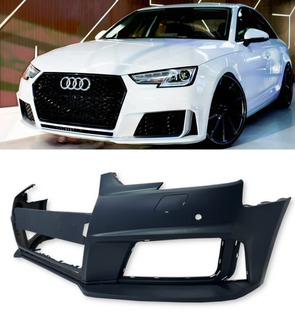 FRONT BUMPER WITH GRILLS RS4 STYLE GLOSS BLACK FOR AUDI A4 B9 2017-2019 - Image 2
