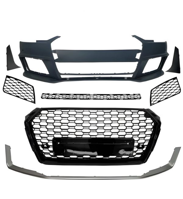 FRONT BUMPER WITH GRILLS RS4 STYLE GLOSS BLACK FOR AUDI A4 B9 2017-2019