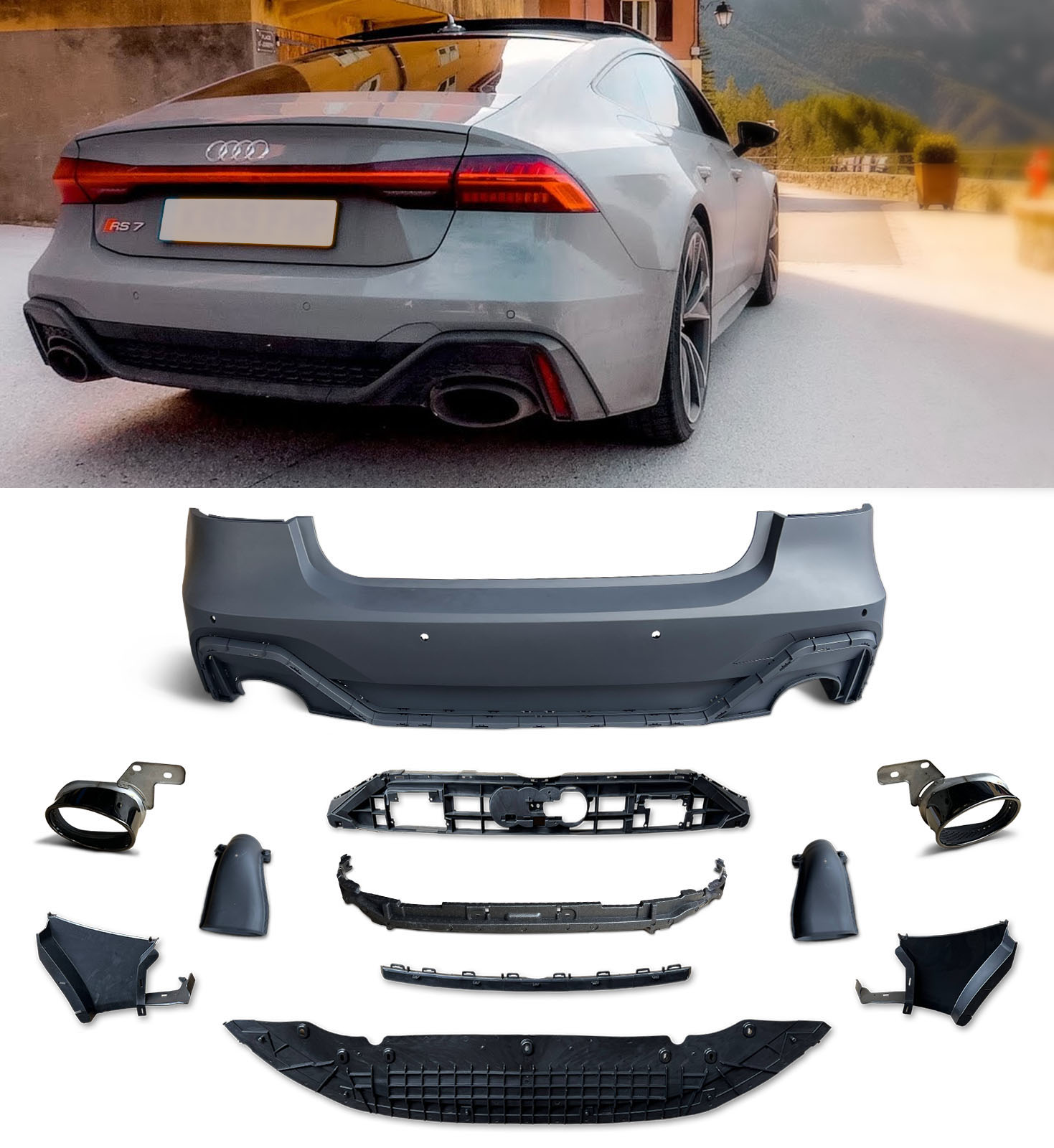 FRONT & BACK BODY KIT WITH BLACK HONEYCOMB GRILLE RS7 STYLE FOR AUDI A7 S7 19+ - Image 3