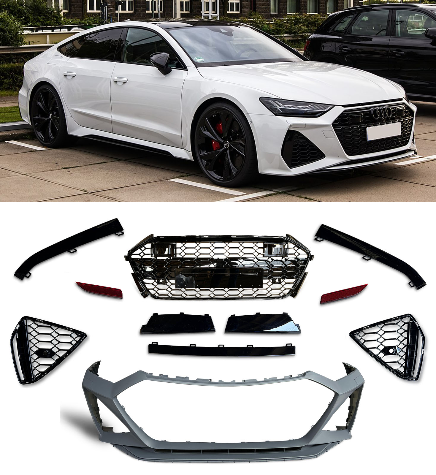 FRONT & BACK BODY KIT WITH BLACK HONEYCOMB GRILLE RS7 STYLE FOR AUDI A7 S7 19+ - Image 2