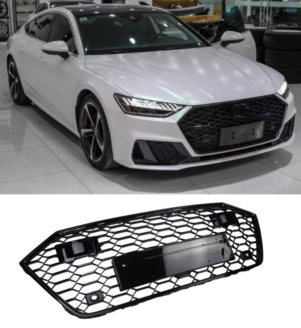 FRONT GRILLE RS7 STYLE GLOSS BLACK WITH PLATE HOLDER FOR AUDI A7 S7 2018+ - Image 3