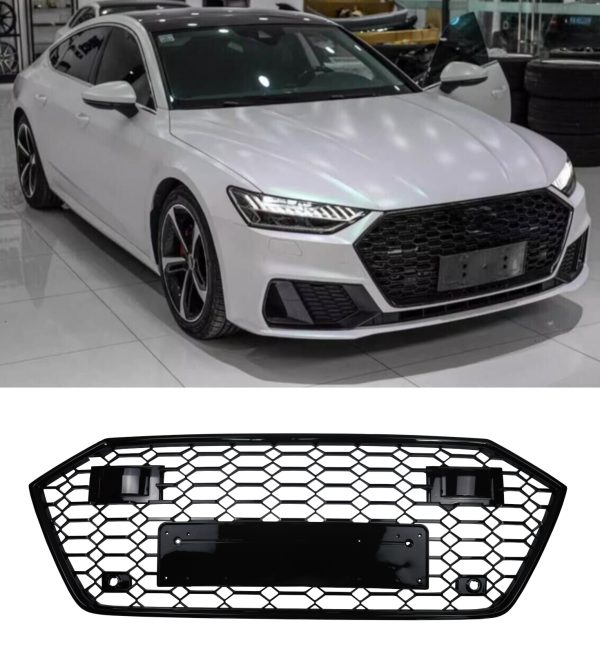 FRONT GRILLE RS7 STYLE GLOSS BLACK WITH PLATE HOLDER FOR AUDI A7 S7 2018+
