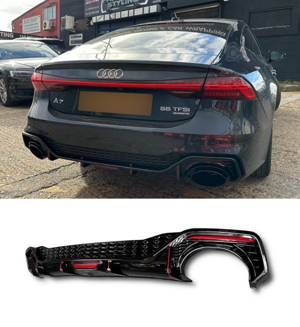 REAR DIFFUSER RS7 LOOK GLOSS BLACK WITH TIPS FOR AUDI A7 S7 4K8 2019+ - Image 3