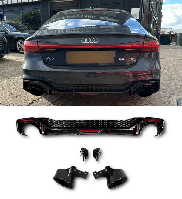 REAR DIFFUSER RS7 LOOK GLOSS BLACK WITH TIPS FOR AUDI A7 S7 4K8 2019+