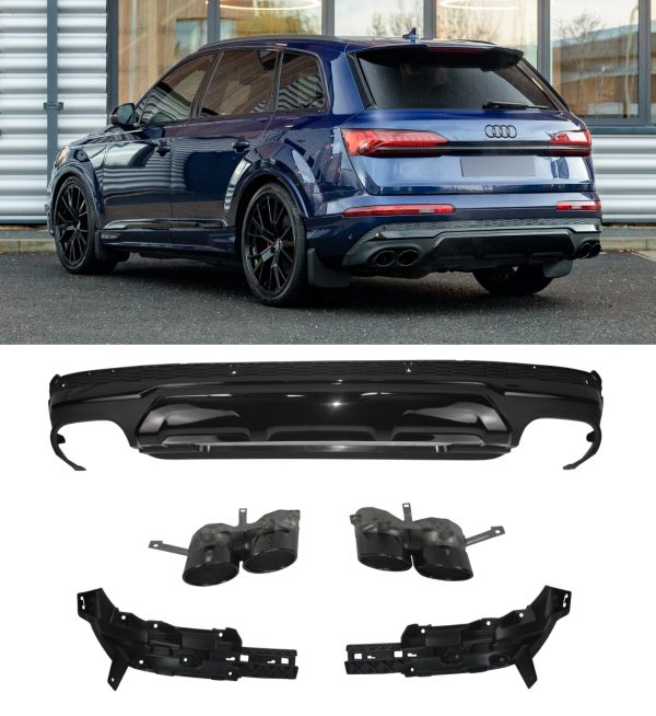 REAR DIFFUSER MATTE BLACK & BLACK TAILPIPES SQ7 STYLE FOR AUDI Q7 4M 2020+