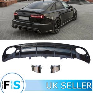 REAR DIFFUSER GLOSS BLACK RS6 LOOK WITH SILVER TAIL PIPE TIPS FOR AUDI A6 S-LINE