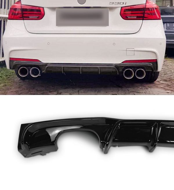 REAR VALANCE DIFFUSER QUAD LOOK GLOSS BLACK FOR BMW 3 SERIES F30 F31 2012-2018 - Image 2