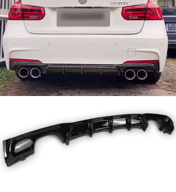 REAR VALANCE DIFFUSER QUAD LOOK GLOSS BLACK FOR BMW 3 SERIES F30 F31 2012-2018 - Image 4