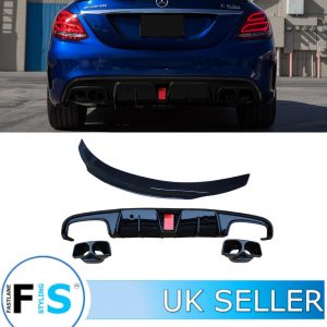MERCEDES C CLASS C205 A205 DUCK SPOILER, B STYLE REAR DIFFUSER & TIPS GLOSS BLK
