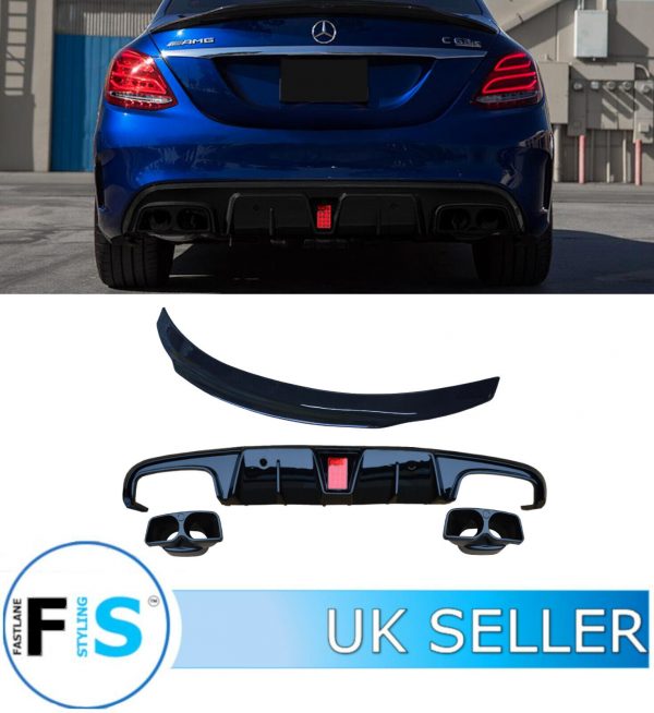 MERCEDES C CLASS C205 A205 DUCK SPOILER, B STYLE REAR DIFFUSER & TIPS GLOSS BLK