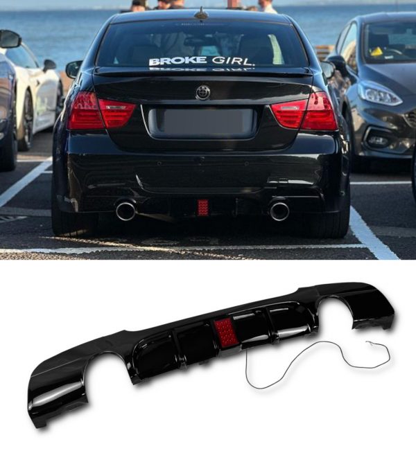 REAR DIFFUSER WITH LED LIGHT 335i LOOK GLOSS BLACK FOR BMW 3 SERIES E90 E91 2005-2011 - Image 2