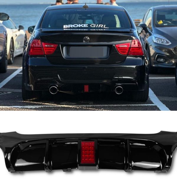 REAR DIFFUSER WITH LED LIGHT 335i LOOK GLOSS BLACK FOR BMW 3 SERIES E90 E91 2005-2011 - Image 4