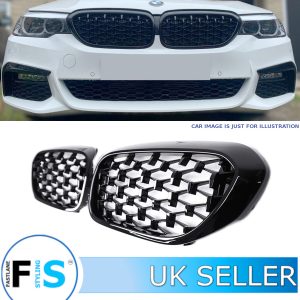 FRONT GRILLE DIAMOND STYLE GLOSS BLACK FOR BMW 5 SERIES G30 G31 2017-2024
