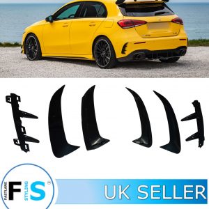 MERCEDES A CLASS W177 AMG STYLE REAR BUMPER AERO KIT FINS GLOSS BLACK 2018+