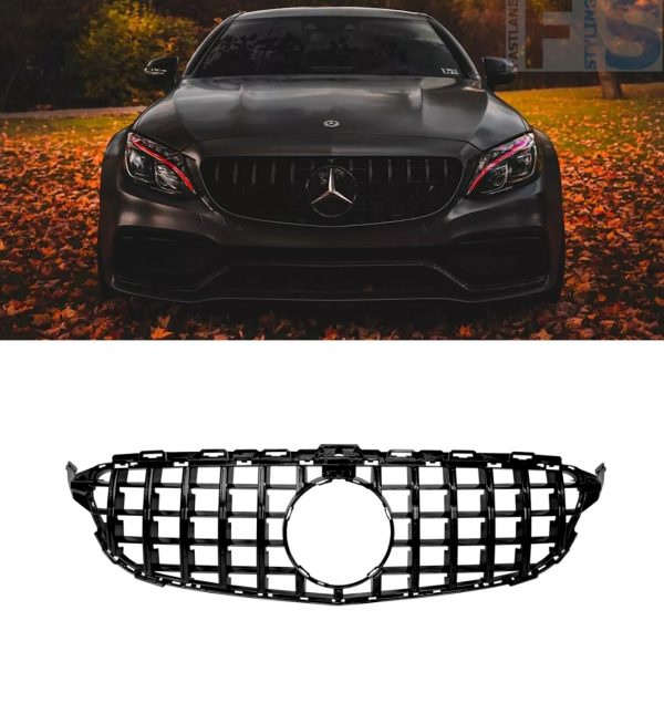FRONT GRILLE GT STYLE GLOSS BLACK FOR MERCEDES C CLASS W205 C205 A205 2014-2023