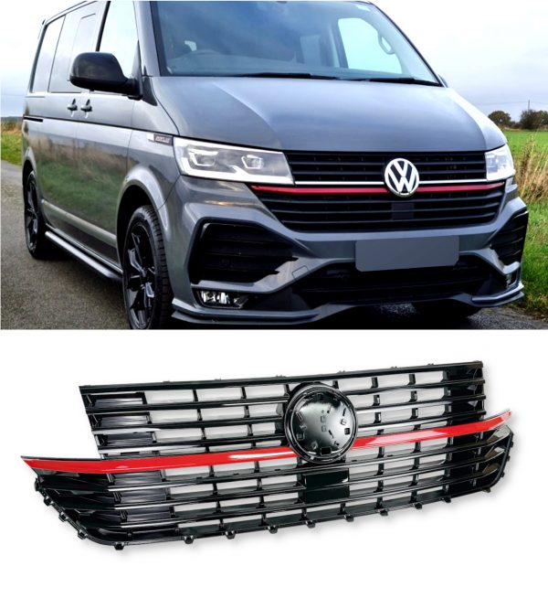 FRONT GRILLE WITH RED STRIPE GLOSS BLACK FOR VW TRANSPORTER T6.1 2019+ - Image 2