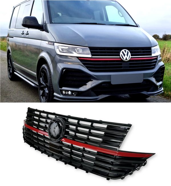 FRONT GRILLE WITH RED STRIPE GLOSS BLACK FOR VW TRANSPORTER T6.1 2019+ - Image 3