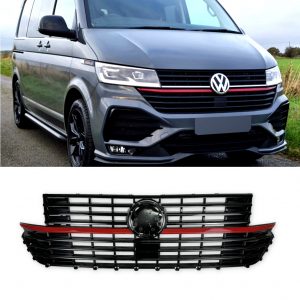 FRONT GRILLE WITH RED STRIPE GLOSS BLACK FOR VW TRANSPORTER T6.1 2019+