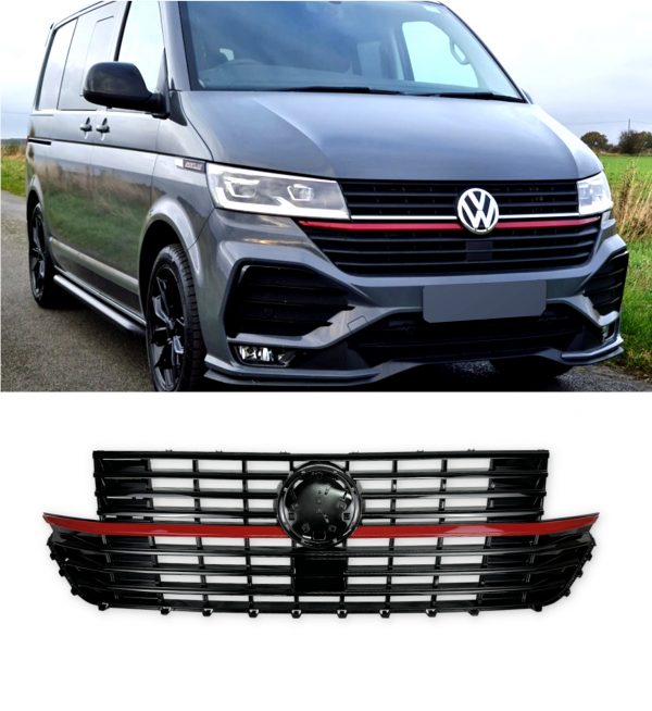 FRONT GRILLE WITH RED STRIPE GLOSS BLACK FOR VW TRANSPORTER T6.1 2019+