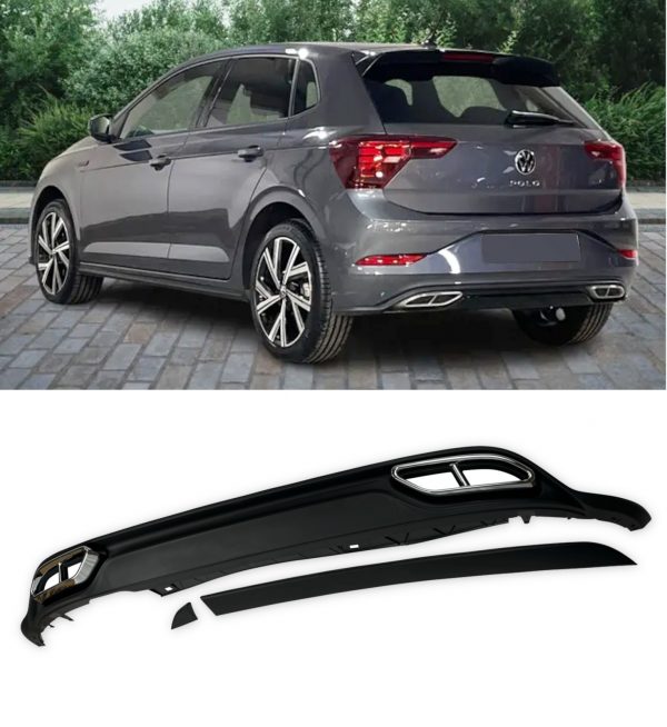 REAR DIFFUSER WITH SILVER TIPS GTI LOOK GLOSS BLACK FOR VW POLO 2022+ - Image 2