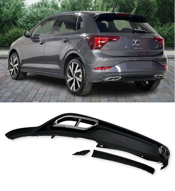 REAR DIFFUSER WITH SILVER TIPS GTI LOOK GLOSS BLACK FOR VW POLO 2022+ - Image 3