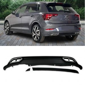 REAR DIFFUSER WITH SILVER TIPS GTI LOOK GLOSS BLACK FOR VW POLO 2022+