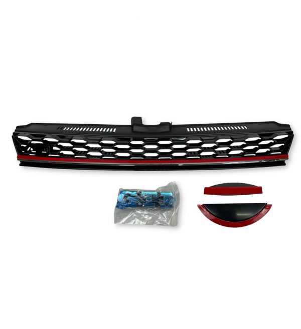 FRONT GRILLE RED STRIPE GTI LOOK GLOSS BLACK FOR VW GOLF MK7.5 2017-2021