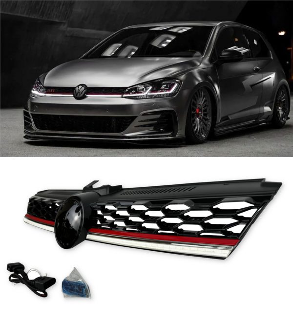 FRONT GRILLE WITH LED STRIPE GLOSS BLACK FOR VW GOLF MK7.5 2017-2019 - Image 3