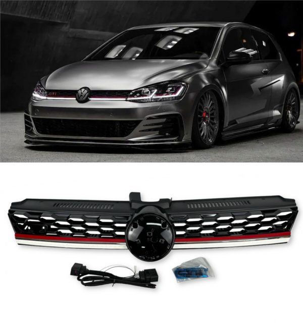 FRONT GRILLE WITH LED STRIPE GLOSS BLACK FOR VW GOLF MK7.5 2017-2019