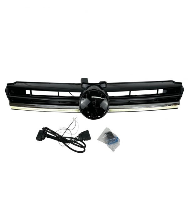 FRONT GRILLE WITH LED LIGHT R LOOK GLOSS BLACK FOR VW GOLF MK7.5 2017-2021