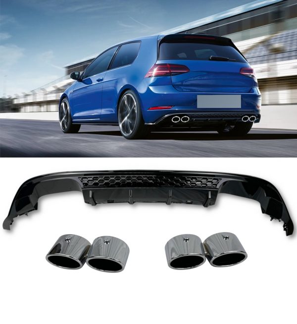 REAR DIFFUSER WITH QUAD TAILPIPES R LOOK GLOSS BLACK FOR VW GOLF MK7.5 2012-2020