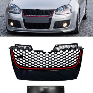 FRONT GRILLE WITH RED STRIP GTI STYLE GLOSS BLACK FOR VW GOLF MK5 2003-2009