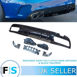 MERCEDES C CLASS W205 AMG C63 S STYLE REAR DIFFUSER + BLACK TAILPIPES