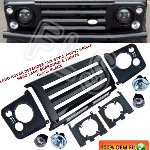 LAND ROVER DEFENDER SVX STYLE FRONT GRILLE HEAD LAMP SURROUND & LIGHTS BLACK