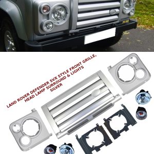 LAND ROVER DEFENDER SVX STYLE FRONT GRILLE HEAD LAMP SURROUND & LIGHTS SILVER
