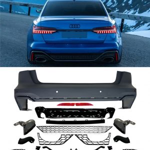 REAR BUMPER WITH BLACK TAILPIPES RS6 STYLE GLOSS BLACK FOR AUDI A6 C8 2019+