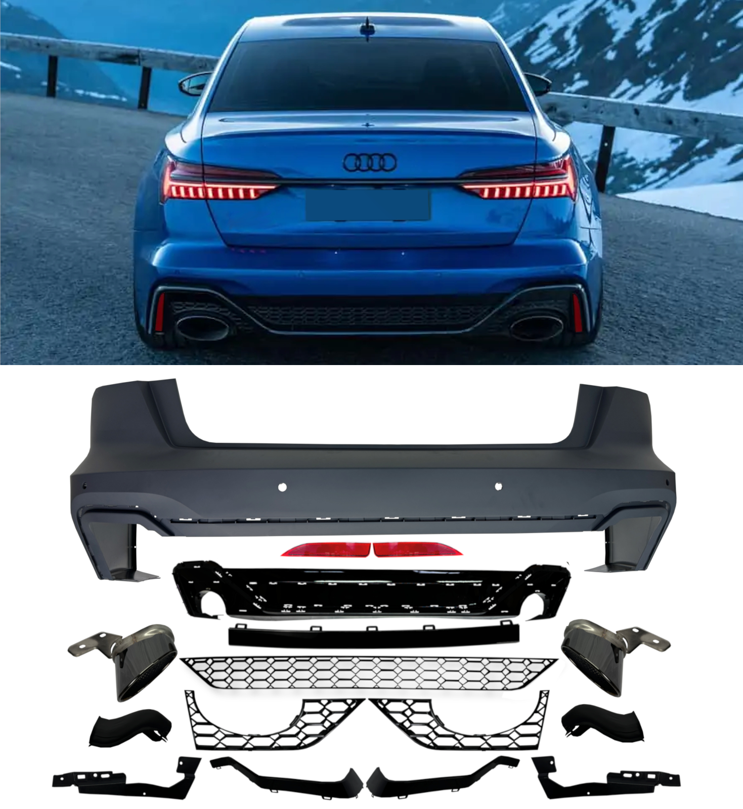 REAR BUMPER WITH BLACK TAILPIPES RS6 STYLE GLOSS BLACK FOR AUDI A6 C8 2019+