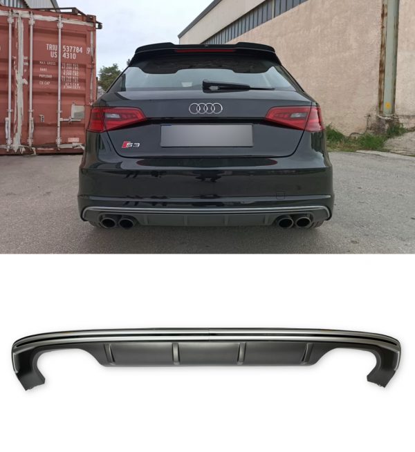 REAR DIFFUSER WITH SILVER STRIP MATTE BLACK FOR AUDI A3 S3 HATCHBACK 2013+