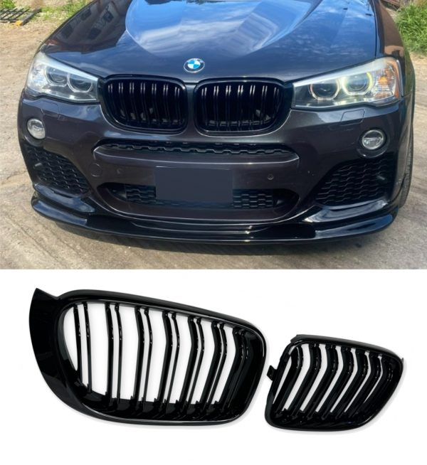 FRONT KIDNEY GRILLES DOUBLE SLAT GLOSS BLACK FOR BMW X3 F25 X4 F26 2014-2017 - Image 2