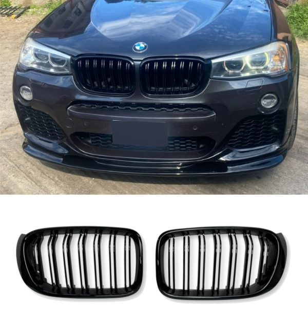 FRONT KIDNEY GRILLES DOUBLE SLAT GLOSS BLACK FOR BMW X3 F25 X4 F26 2014-2017