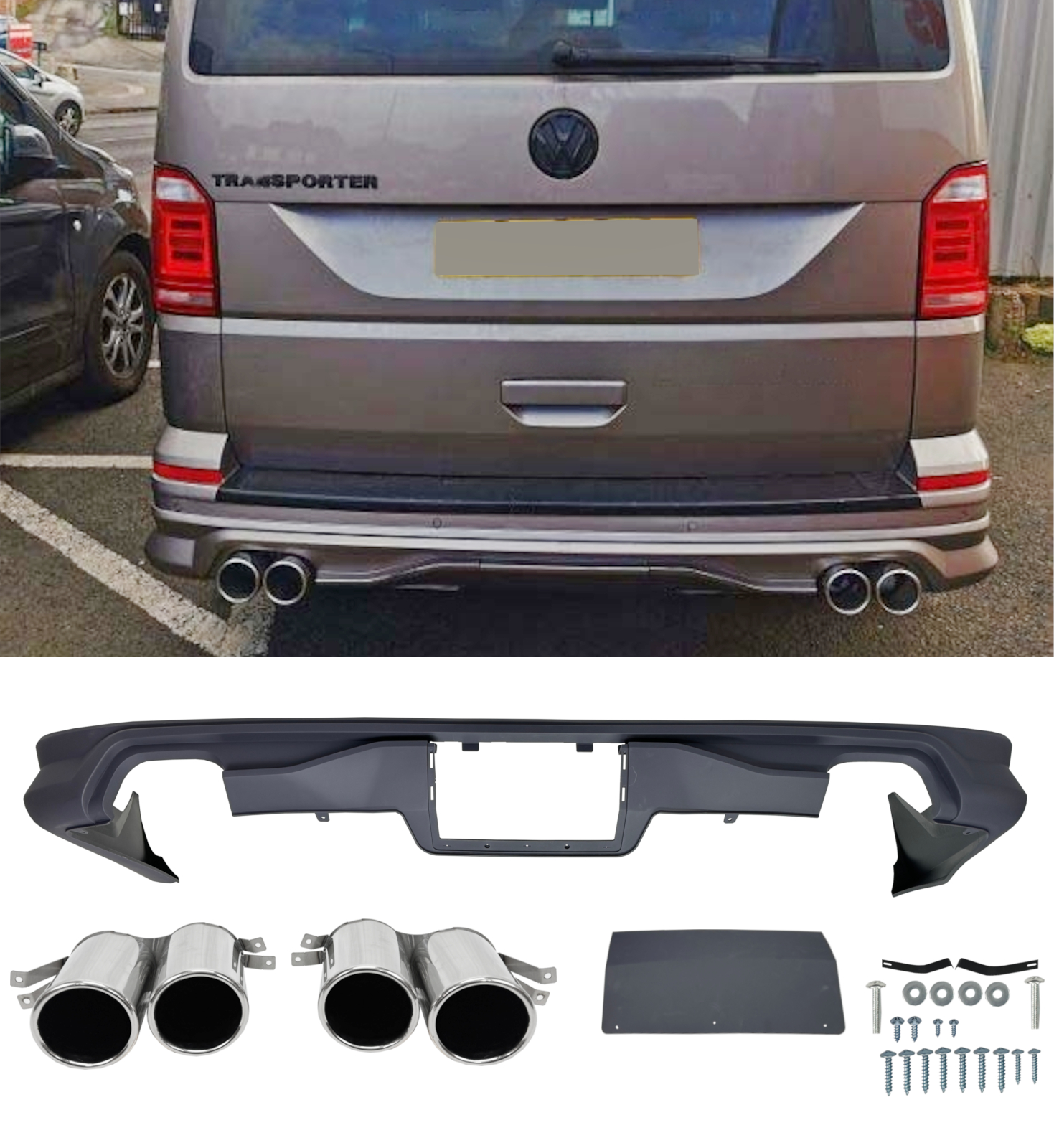 REAR DIFFUSEER BUMPER WITH QUAD EXHAUSTS PRIMED FOR VW TRANSPORTER T6.1 2019+