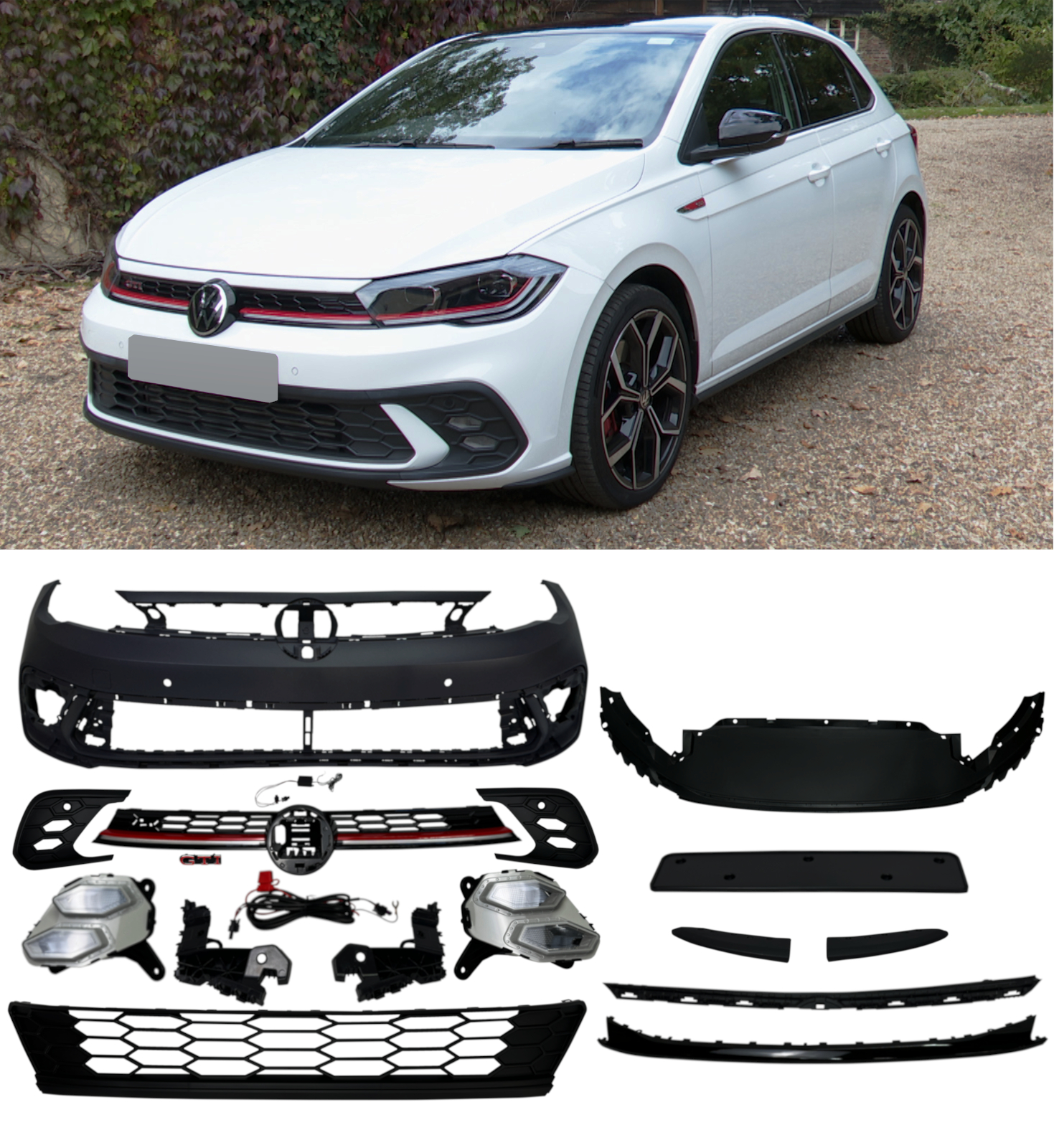 FRONT BUMPER WITH GRILLE BODY KIT GTI LOOK PRIMED FOR VW POLO 2022+