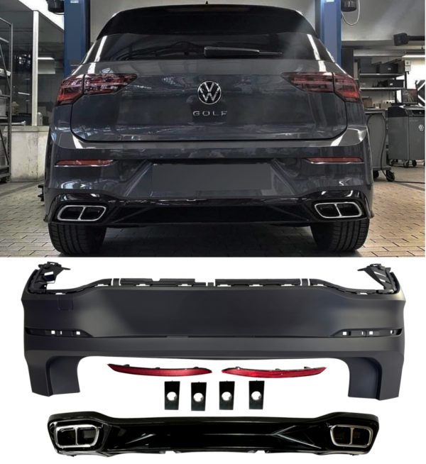 REAR BUMPER & DIFFUSER WITH TAILPIPES R LOOK GLOSS BLACK FOR VW GOLF MK8 2020+