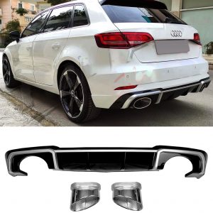 REAR DIFFUSER WITH SILVER TIPS RS3 STYLE GLOSS BLACK FOR AUDI A3 8V FACELIFT 17+