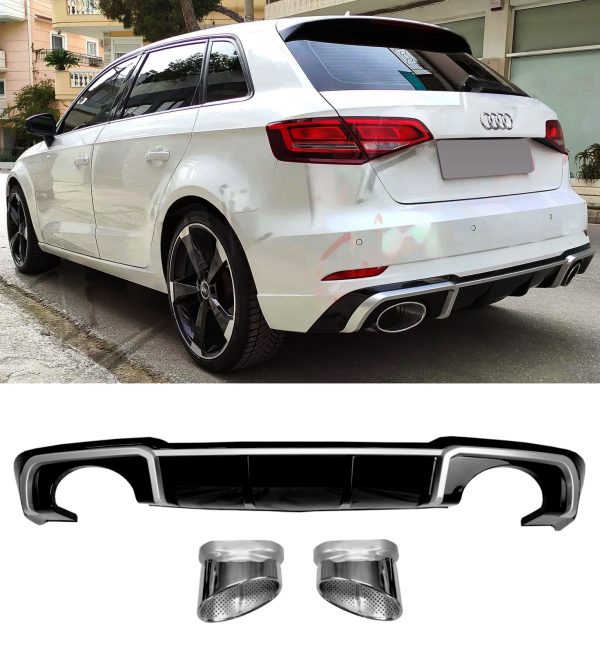 REAR DIFFUSER WITH SILVER TIPS RS3 STYLE GLOSS BLACK FOR AUDI A3 8V FACELIFT 17+