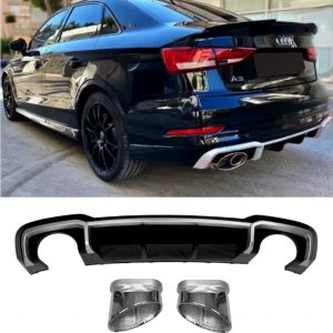 REAR DIFFUSER WITH SILVER TIPS RS3 STYLE GLOSS BLACK FOR AUDI A3 8V FACELIFT 17+